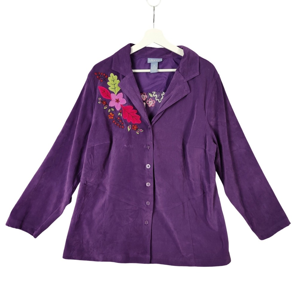 Liz & Me Women Cottage Artsy Boho Floral Embroidered Jacket 0X Purple Faux Suede